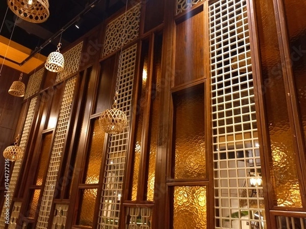 Fototapeta Classic window with frosted yellow glass and frame made of wood