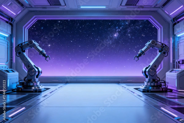 Fototapeta Futuristic robotic arms in space station