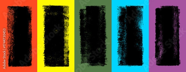 Fototapeta Linocut roller paint. Black ink linocut print. Text frame rough texture. Lino cut rectangle on color rainbow background. Printmaking letterpress stamp bg. Paint handmade vector shape. Ink roller print