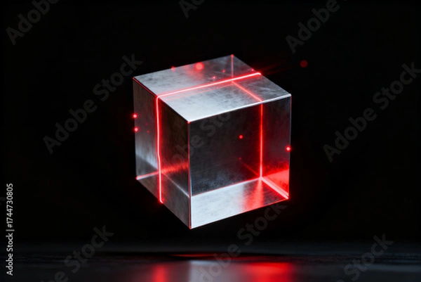 Fototapeta Metallic cube with red laser lines