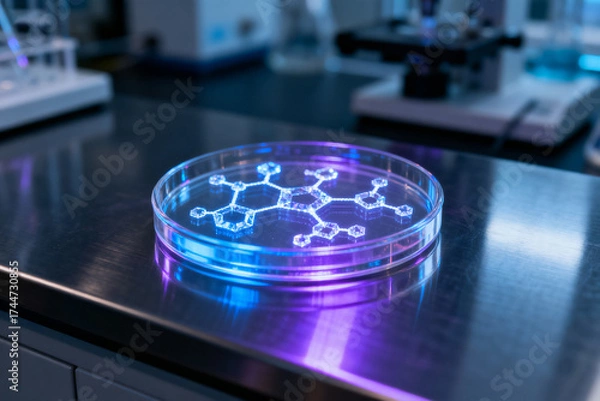 Fototapeta Laboratory petri dish with glowing molecular structure