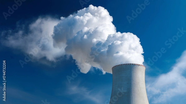 Obraz Cooling tower with vapor trail under deep blue sky showing industrial emissions