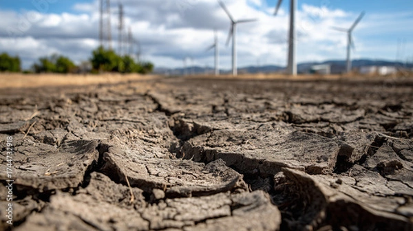 Fototapeta Cracked eroded land with wind turbines under cloudy sky – Environmental contrast