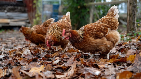 Obraz Chickens scratching in fallen leaves on farm – Ecology and natural behavior