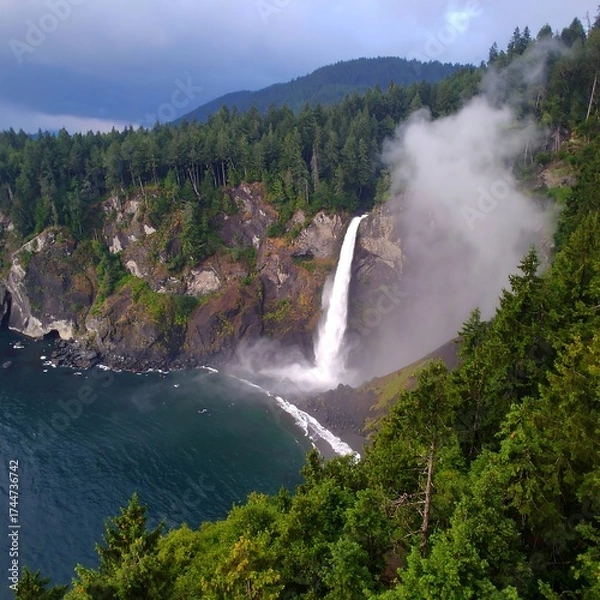Fototapeta Majestic Waterfall Cascading into the Sea, Surrounded by Lush Forest
