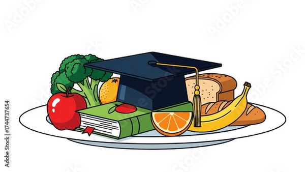 Fototapeta Plate filled with various foods, a book, and a graduation cap, symbolizing knowledge.