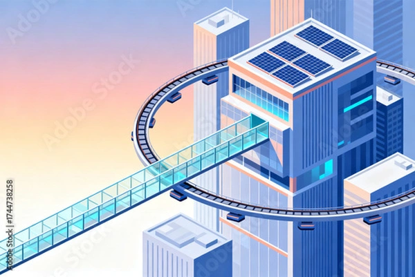 Fototapeta Futuristic cityscape with elevated walkway