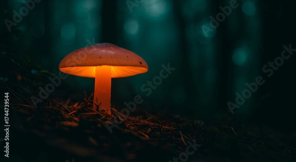 Fototapeta Luminous mushroom glows in dark forest, magical and enchanting scene