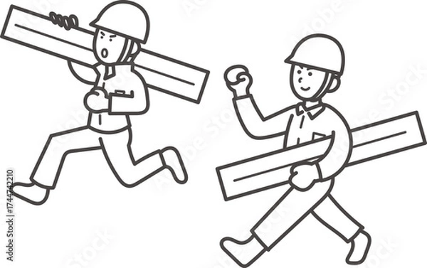 Obraz 資材を運ぶ土木技師の男性二人のイラスト　線画のみ