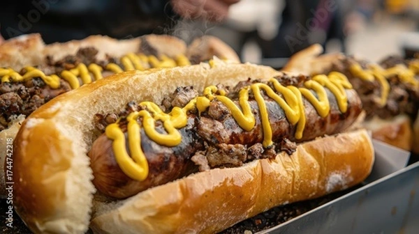 Fototapeta A hot dog with mustard and sausage, placed on a tray with other hot dogs.