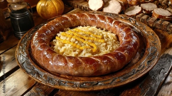 Fototapeta A traditional German dish of braised pork sausage with sauerkraut and mustard on a wooden plate.