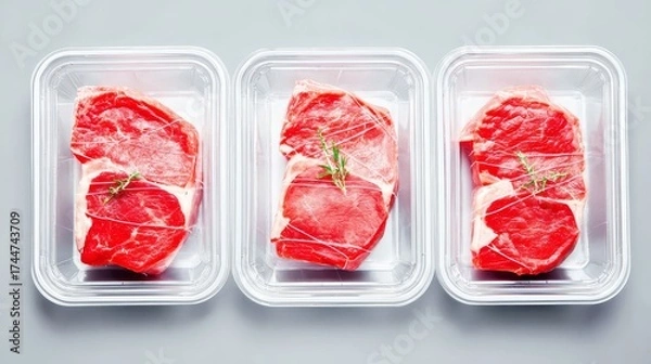 Fototapeta Assorted selection of red meat cuts in plastic trays ready for purchase.