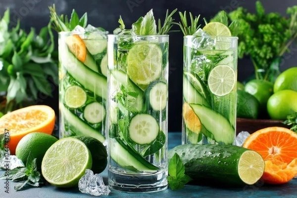 Fototapeta Bright greens and citrus notes create an inviting beverage display.
