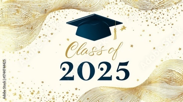 Fototapeta Stunning graduation cap design featuring gold waves and stars.