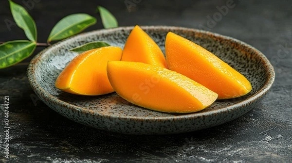 Fototapeta A plate of sliced mangoes on a dark plate with a dark background.