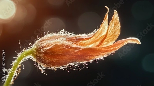 Fototapeta A wilted flower bud with a brownish hue against a blurred background.
