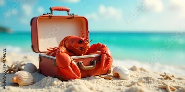 Fototapeta Relaxed Lobster on Summer Vacation Tiny Suitcase, Seashells, Starfish, Ocean Adventure