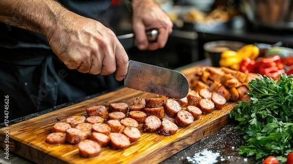 Fototapeta A chef slicing sausage on a wooden cutting board with fresh herbs and vegetables.