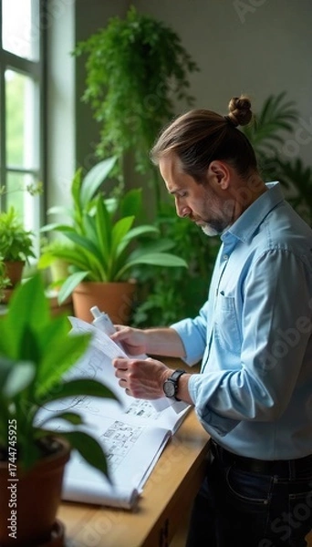 Fototapeta Architect Reviewing Blueprints Amidst Lush Greenery in Biophilic Design Studio