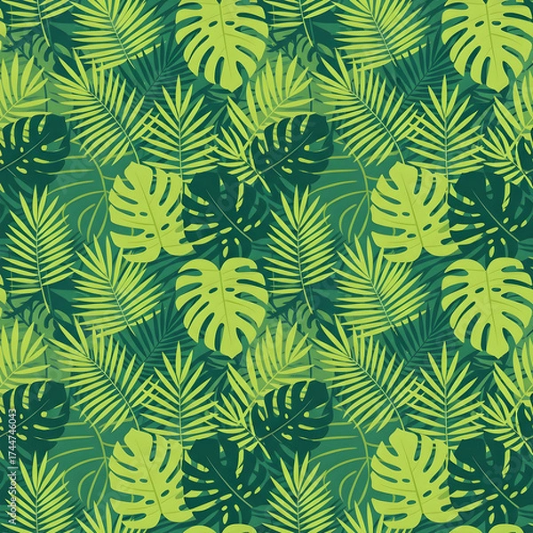 Fototapeta Seamless tropical leaves pattern, flat design style, monstera and palm leaves with bold green tones, clean vector illustration.
