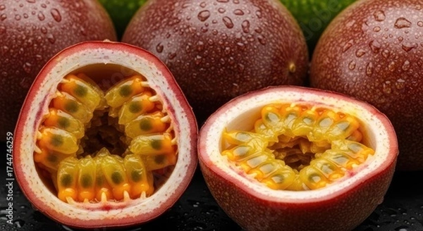 Fototapeta A close-up of a passion fruit with a slice removed, revealing its vibrant interior with yellow seeds and a red exterior.
