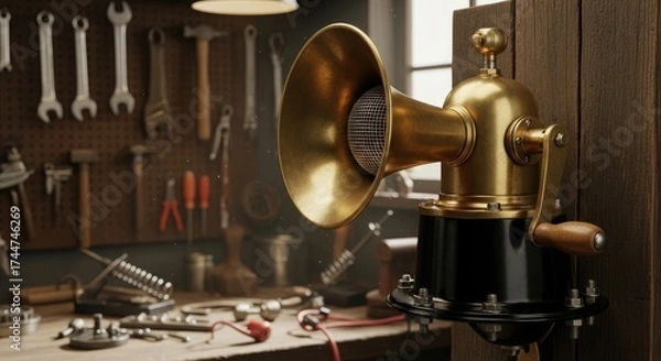 Fototapeta A vintage brass speaker with a wooden handle, emitting a loud sound in a workshop setting.
