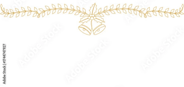 Fototapeta Elegant yellow line art illustration of two Christmas bells decorated with holly leaves and berries, connected to a curved vine of leaves forming a festive border