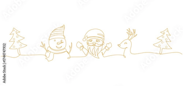 Fototapeta Minimalist yellow line art illustration featuring classic Christmas characters — Santa Claus, a snowman, and a reindeer — surrounded by decorated Christmas trees. The design uses a continuous line 