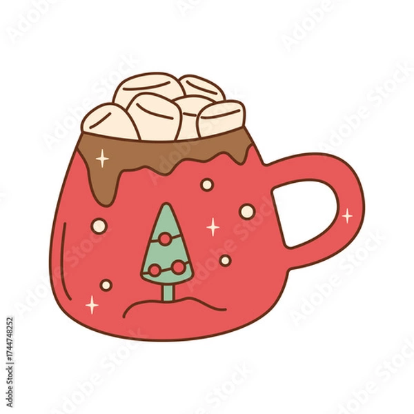 Obraz Hot cocoa in a red christmas mug topped with marshmallows. Perfect for holiday design and seasonal joy.