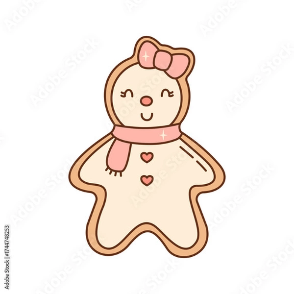 Obraz Gingerbread man cookie decorated with pink bow and scarf. A cute and smiling christmas character.