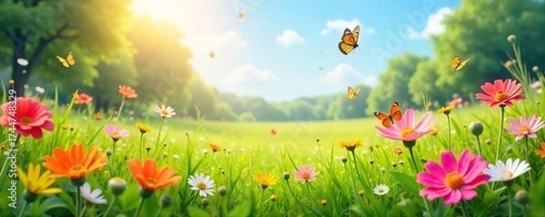Fototapeta Sun-Drenched Meadow with Vibrant Wildflowers and Butterflies Dancing in the Summer Breeze - Idyllic Rural Scene