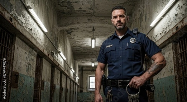 Fototapeta A police officer standing in a prison cell with a gun and handcuffs.