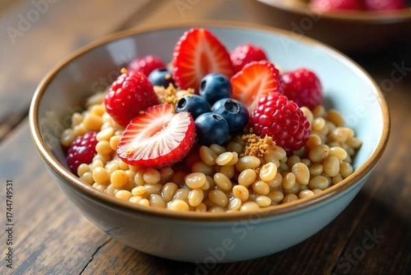 Fototapeta Delicious Barley Breakfast Cereal with Berries and Honey - A Healthy and Satisfying Start to Your Day