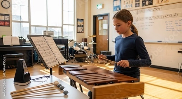 Fototapeta A young girl playing a xylophone in a music classroom.