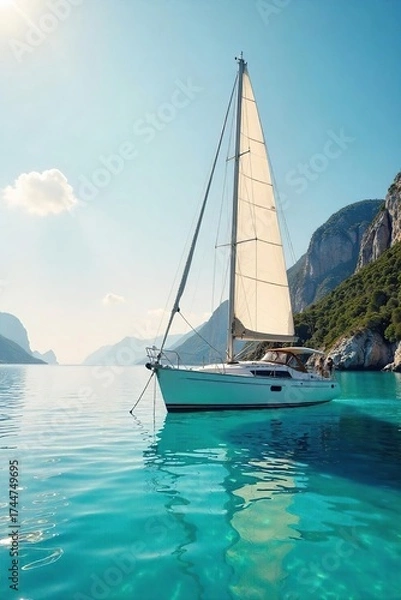 Fototapeta Serene Sailboat at Anchor in Turquoise Bay Warm Sunlight, Gentle Rocking, Calm Waters, Perfect Relaxation