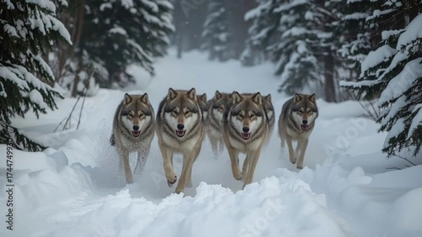 Fototapeta a pack of wolves walking in the middle of a remote forest