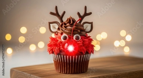 Fototapeta A festive reindeer cupcake with a red nose and bokeh lights in the background, perfect for christmas celebrations