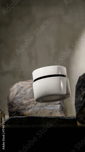 Obraz Elegant 3D render of a floating white cosmetic jar among natural stones. Minimalistic product mockup design for skincare, beauty branding, or luxury cosmetic presentation visuals.
