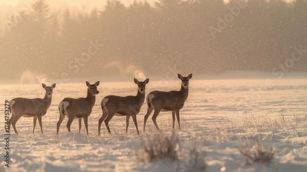Fototapeta a group of deer in a snowy meadow
