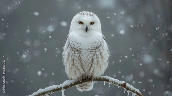Fototapeta An owl perches on an ice-covered branch