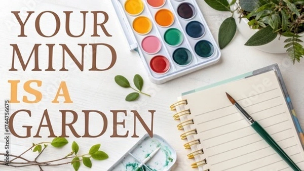 Fototapeta Inspirational Quote on Creativity and Growth with Watercolor Palette and Notebook on Wooden Table