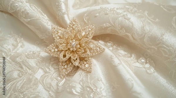 Fototapeta close-up of a luxurious gold floral brooch with beads, pinned on a cloth