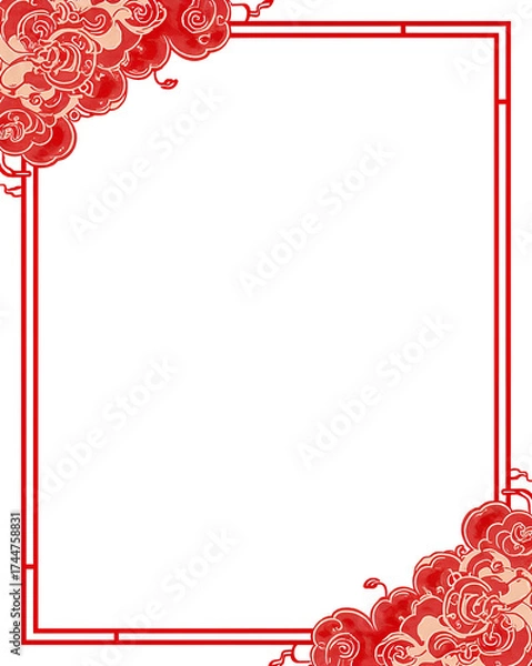 Obraz Red floral border with white and red lines on black background isolated on a transparent background