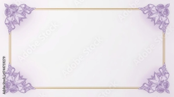 Fototapeta Elegant frame design with soft lavender purple corner accents and light gold edges, minimalist white