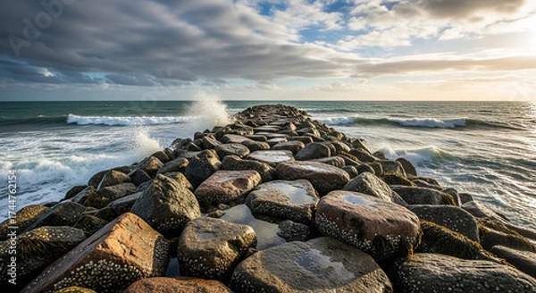 Obraz A stone pier stretches into the ocean under a dramatic sky, with waves crashing against the rocks, capturing the raw power and beauty of the sea