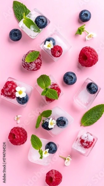 Fototapeta Frozen berry and mint ice cubes on a pink background