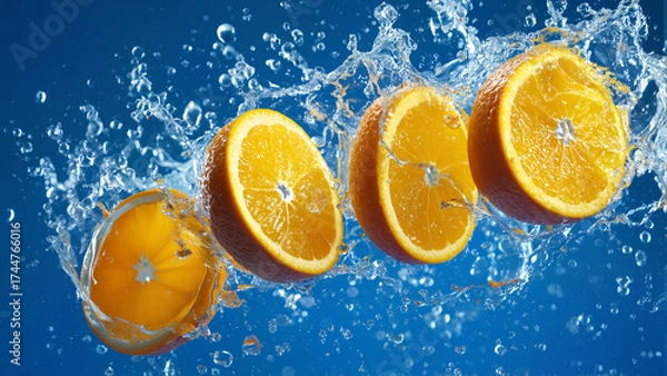 Fototapeta Fresh orange halves splashing in water on vibrant blue background, dynamic motion and refreshing citrus concept.