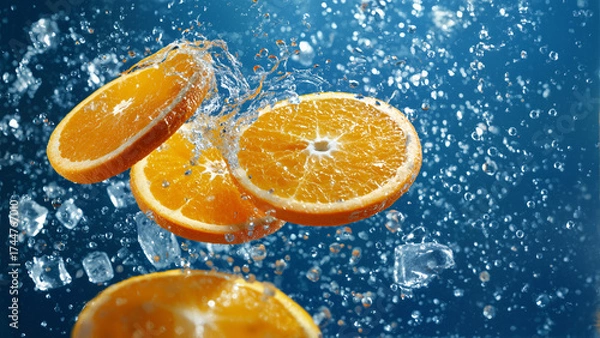 Fototapeta Fresh orange halves splashing in water on vibrant blue background, dynamic motion and refreshing citrus concept.