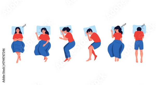 Fototapeta Different sleeping positions for people illustrated on a white background.