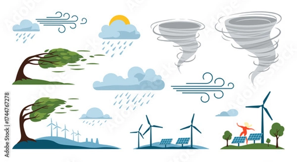Fototapeta Collection of weather phenomena and renewable energy symbols illustrating atmospheric events and sustainable power generation.